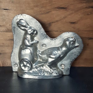 rare antique Easter chocolate mould bunny in egg cart pulled by chicken made by Laurosch Germany early 20th century collectible mold