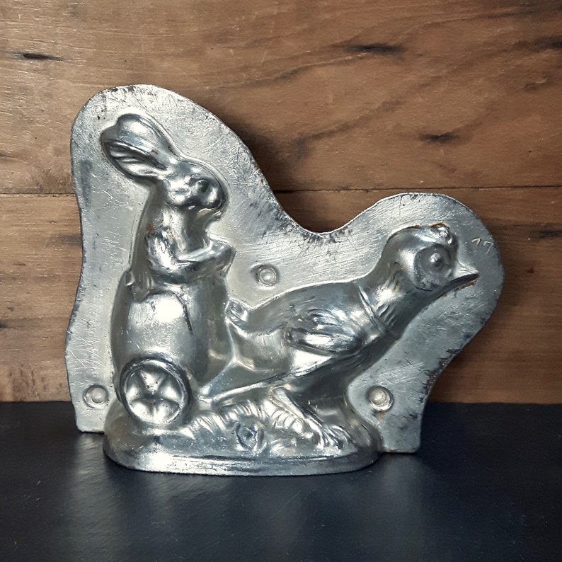 rare antique Easter chocolate mould bunny in egg cart pulled by chicken made by Laurosch Germany early 20th century collectible mold