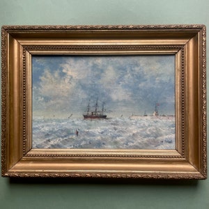 アンティークのオリジナル額入りリネン油絵、19世紀後半のフランス印象派、嵐の海に浮かぶ帆船、フランスの海辺の海洋装飾