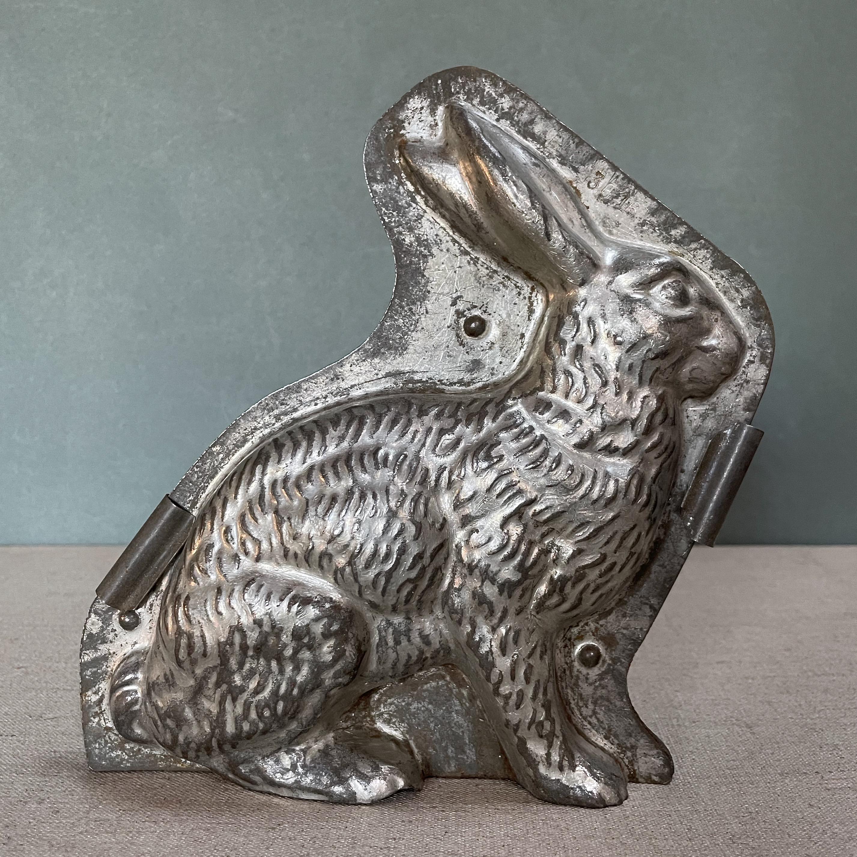 antique Letang Fils Paris rabbit chocolate mold early 20thC collectible French Easter mold metal 2 pieces 18cm, symbol of Spring & fertility
