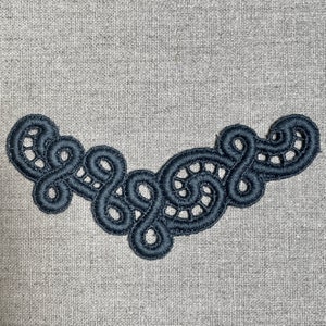 May include: Black lace trim with a delicate, intricate design. The trim features a repeating pattern of loops and swirls.