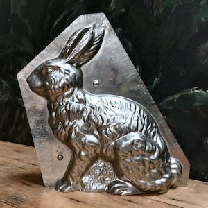 vintage French lge 25cm rabbit chocolate mold mid 20thC French Easter bunny stainless steel mould 2 pcs, hare symbols of Spring & fertility