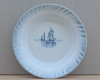 antique French porcelain bowl, Orchies Nord France, sailing boats, early 1900's home, blue & white, serving bowl, marine theme, seaside