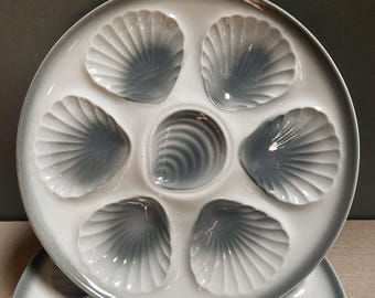 vintage French shellfish plate, 1950s oyster or scallop porcelain plate, Orchies Nord Moulin des Loups France, 24.5cm, retro French dining