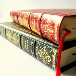 Vintage French books Set of TWO old books - Black and red with gold cover chic French decor