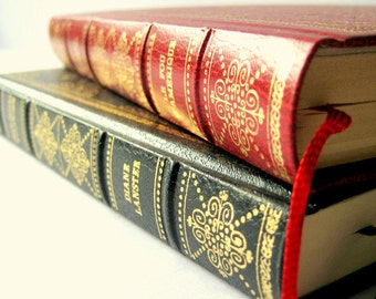 Vintage French books Set of TWO old books - Black and red with gold cover chic French decor