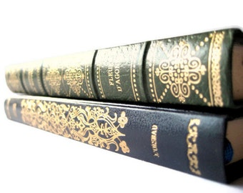 Set of TWO old French books - vintage green and dark blue with gold cover chic French decor