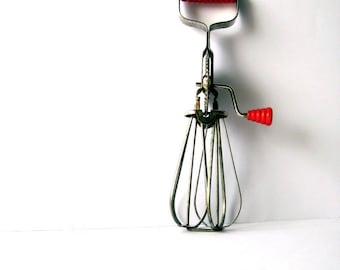 French vintage egg beaters whisk red handle mixer retro rustic kitchen home decor