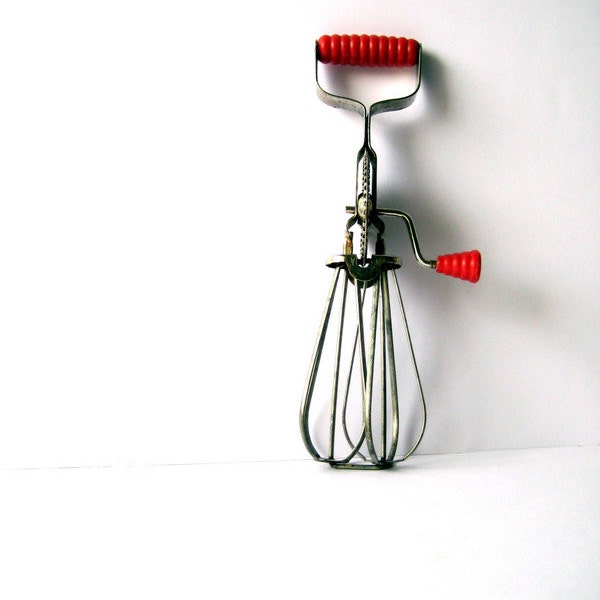 French vintage egg beaters whisk red handle mixer retro rustic kitchen home decor