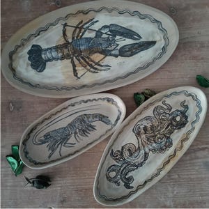 Handmade Ceramic Trays with Marine Illustrations ash glaze. Octopus and Lobster in Saint-Amand Stoneware