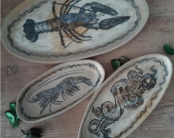 Handmade Ceramic Trays with Marine Illustrations ash glaze. Octopus and Lobster in Saint-Amand Stoneware