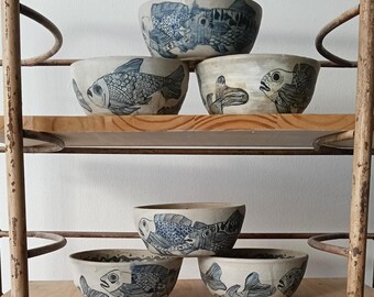Hand-Painted Fish Stoneware Bowl | Mediterranean Coastal Tableware, Made Spain