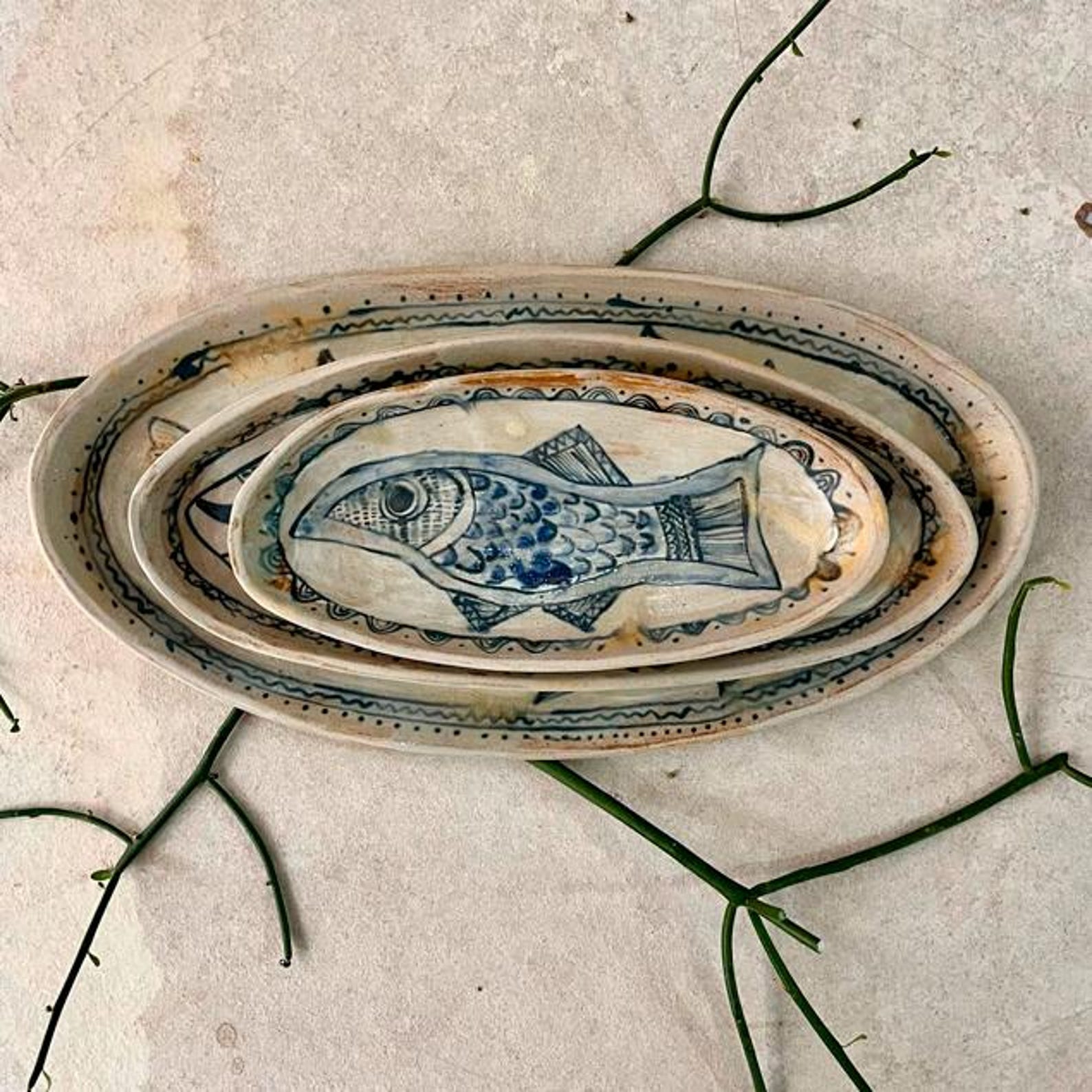 LARGE Hand-Painted Stoneware Fish Plate, Saint-Amand Ash Glaze Tray