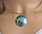 Ocean pendant, necklace with teal waves and surf. Chain or choker. Unusual handmade jewellery gifts. PL594