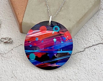 Abstract necklace, 32mm disc pendant on fine chain. Handmade artistic jewellery, unusual gifts for women. (602)