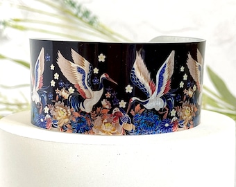Crane stork cuff bracelet, wide metal bangle with birds, personalised jewellery (729)