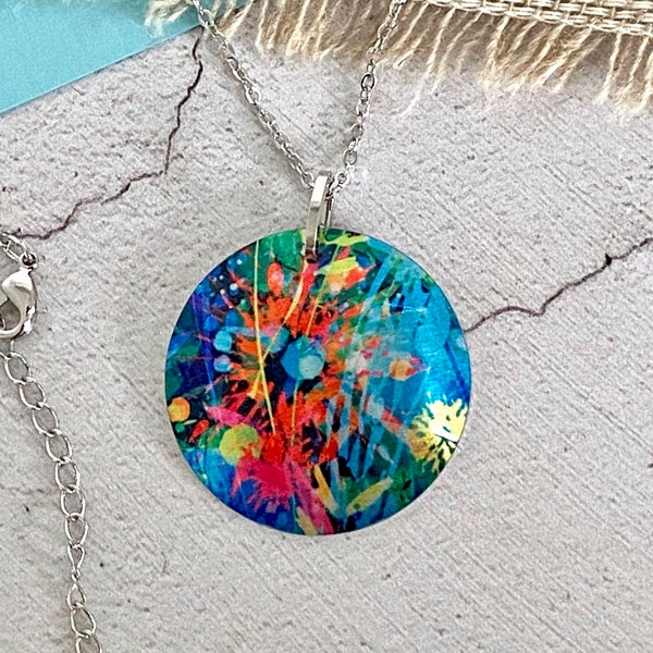Abstract floral necklace 32mm disc pendant on a chain. Colourful handmade jewellery, gifts for women (504)