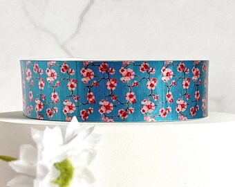 Cherry Blossom cuff bracelet, pink floral Sakura metal bangle, handmade jewellery. (732)