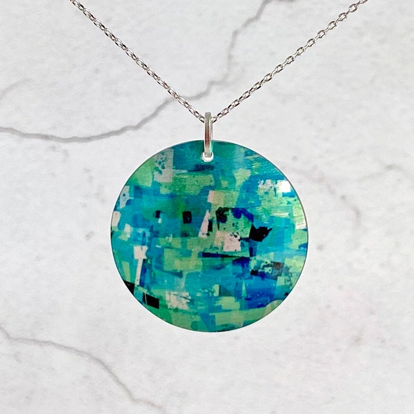 Abstract blue green 32mm pendant necklace on a fine chain. Handmade artistic jewellery (694)