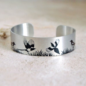 Magpie cuff bracelet, personalised jewellery, metal bangle with magpies, gifts for women. (702)