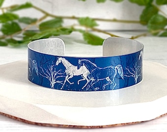 Horse cuff bracelet blue, personalised equestrian metal bangle, jewellery gifts for women. (383)
