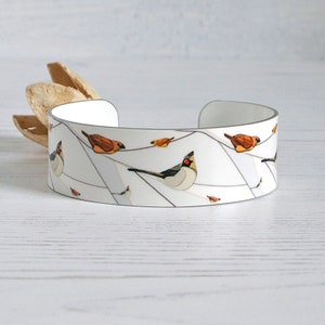 Bird jewellery cuff bracelet. Grey and white metal bangle with birds on branches. Personalised gifts. (166)