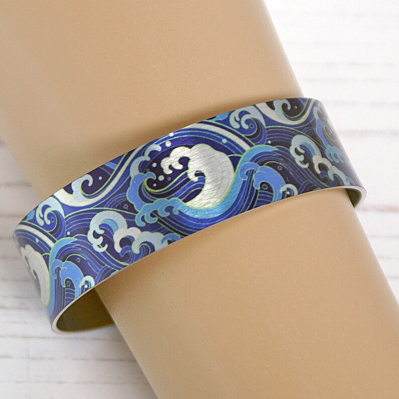 Ocean cuff bracelet with blue surf waves. Personalised Etsy