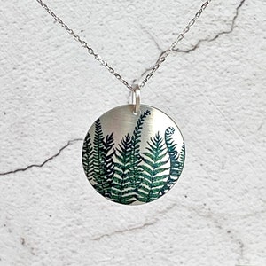 Fern necklace, 32 or 25mm disc pendant, artistic handmade jewellery for women (62)