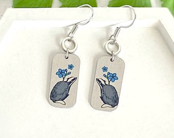 Badger earrings, handmade rectangle dangle drops with sterling silver ear wires. (596)