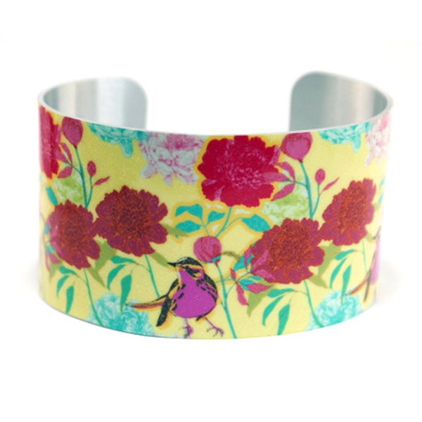 SALE Half Price. Cuff bracelet, colourful Summer wide aluminium bangle with birds and flowers. C130