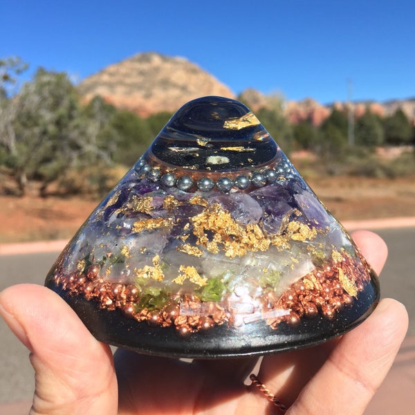 Extra Strong Orgone ASG med dome with an Orgone filled copper cylinder, Rhodizite & Shungite, Peridot, Amethyst, 4 in base, 3 in tall