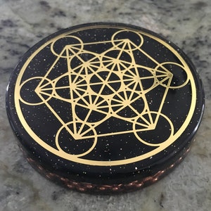 Orgone ASG super charging disc with 18K gold plated Metatron OR Flower of Life, Rhodizite, Magnetite, Elite Shungite 3 in, 1/2 in image 3