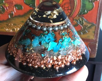 X-Strong ASG Sedona Vortex dome with a Orgone filled copper cylinder, Sedona Red Rock, Turquoise,Rhodizite, Shungite,3 in base,2 1/2 in tall