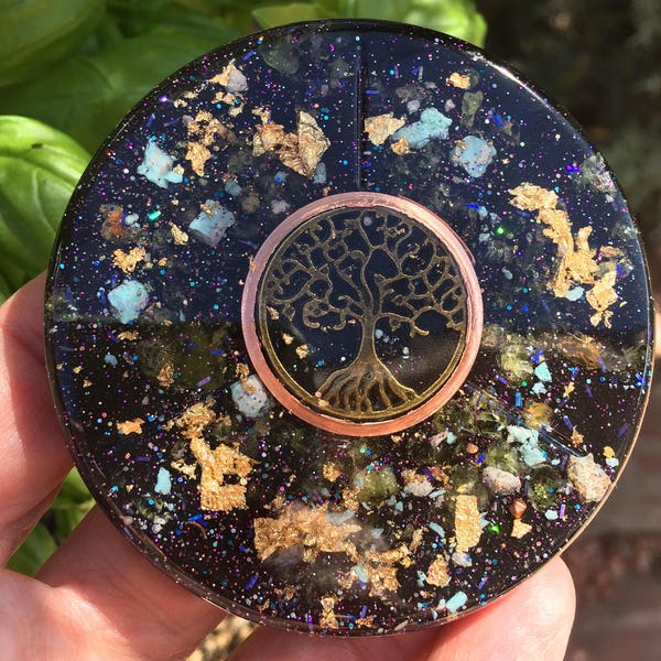 Orgone ASG holographic charging disc with a Tree of Life, Rhodizite, Turquoise, Peridot, Shungite, 3 in by 1/3 in