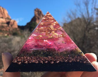 Orgone ASG med pyramid w/ Rhodizite, Shungite, Rose Quartz, Peridot, Tesla coil, 3 1/4 in by 3 1/4 in tall