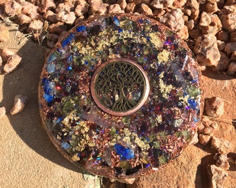 Orgone Ultra Thin powerful  ASG charging disc with Tree of Life, Garnet, Rhodizite, Kyanite, Peridot, Shungite,Copper, 3 in by 1/4 in