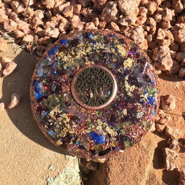 Orgone Ultra Thin powerful  ASG charging disc with Tree of Life, Garnet, Rhodizite, Kyanite, Peridot, Shungite,Copper, 3 in by 1/4 in