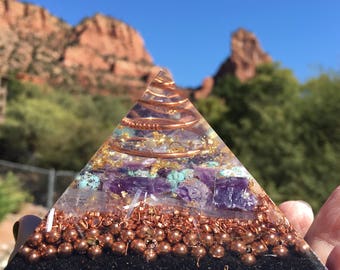 Holographic med pyramid with Rhodizite, Shungite, Turquoise, Amethyst, Peridot 3 1/4 in by 3 1/4 in tall