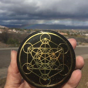 Orgone ASG super charging disc with 18K gold plated Metatron OR Flower of Life, Rhodizite, Magnetite, Elite Shungite 3 in, 1/2 in image 7