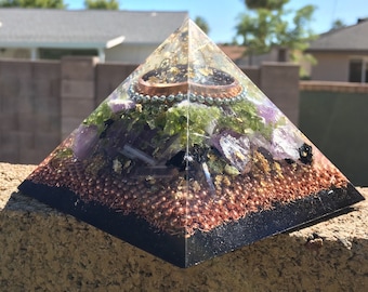 Extra Strong Orgone ASG Large pyramid with an Orgone filled copper cylinder, Amethyst, Peridot, Rhodizite & Shungite,4.5 in base, 3.75 in ta