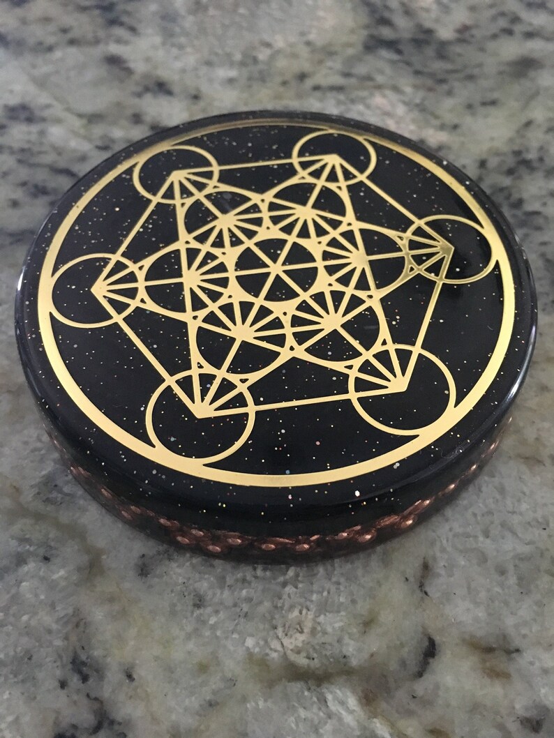 Orgone ASG super charging disc with 18K gold plated Metatron OR Flower of Life, Rhodizite, Magnetite, Elite Shungite 3 in, 1/2 in image 3