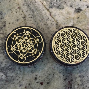 Orgone ASG super charging disc with 18K gold plated Metatron OR Flower of Life, Rhodizite, Magnetite, Elite Shungite 3 in, 1/2 in image 1