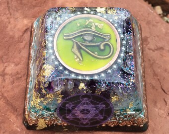 Mayan Orgone Pyramid with Eye of Ra, Metatron, Amethyst, Turquoise, 2.5 in top, 2 in high, 3.75 base