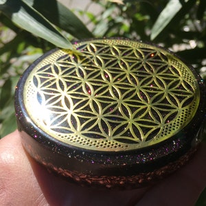 Orgone ASG super charging disc with 18K gold plated Metatron OR Flower of Life, Rhodizite, Magnetite, Elite Shungite 3 in, 1/2 in image 5