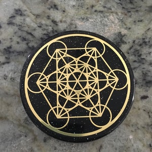 Orgone ASG super charging disc with 18K gold plated Metatron OR Flower of Life, Rhodizite, Magnetite, Elite Shungite 3 in, 1/2 in image 6