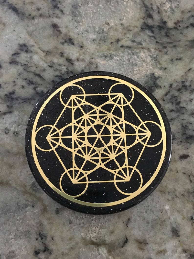 Orgone ASG super charging disc with 18K gold plated Metatron OR Flower of Life, Rhodizite, Magnetite, Elite Shungite 3 in, 1/2 in image 6