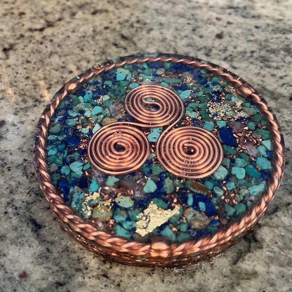 Orgone super charging disc with copper Tensor ring & Triskelion, Kyanite, Rhodizite, Turquoise, Lapis Lazuli, Magnetite Shungite 4 4in x 1/2