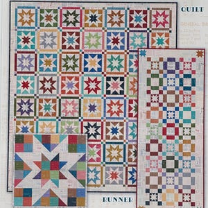 May include: A quilt pattern titled "VICE-VERSA" featuring star-shaped blocks in various colors, including blue, green, red, and yellow. The design includes a quilt, a runner, and a tabletopper/pillow. Designed by Lori Holt, from Bee in my Bonnet Co.