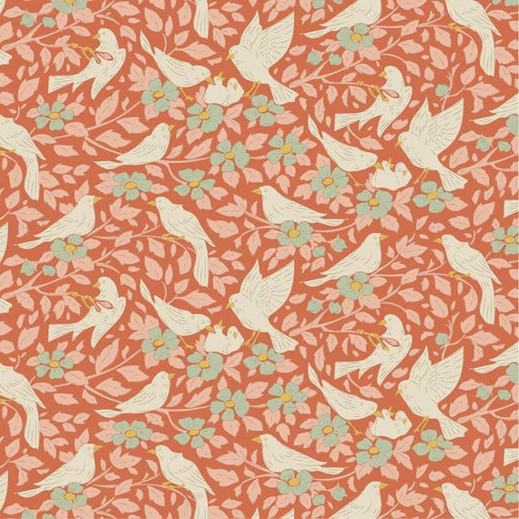 PREORDER – Tilda Songbird Collection Fabric- Ava- Coral- 100644 Arriving February