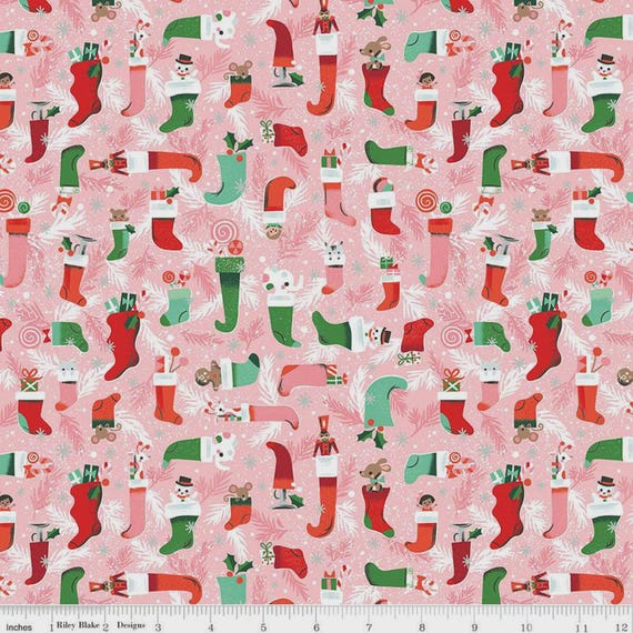 Riley Blake - Twas - Stockings Were Hung Pink Sparkle - SC13463-PINK - Quilting Cotton Fabric
